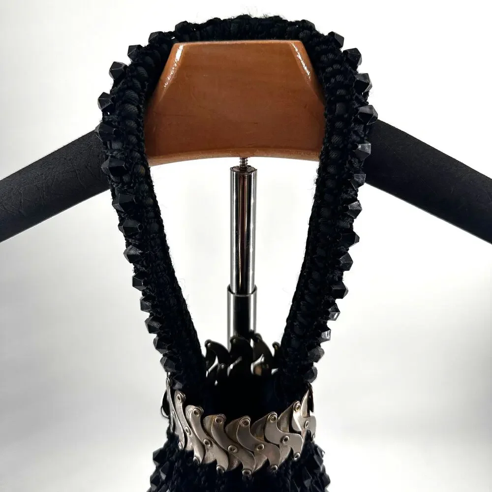 Vintage Black Beaded Evening Purse with Bike Chain Strap Accent Y2K Goth